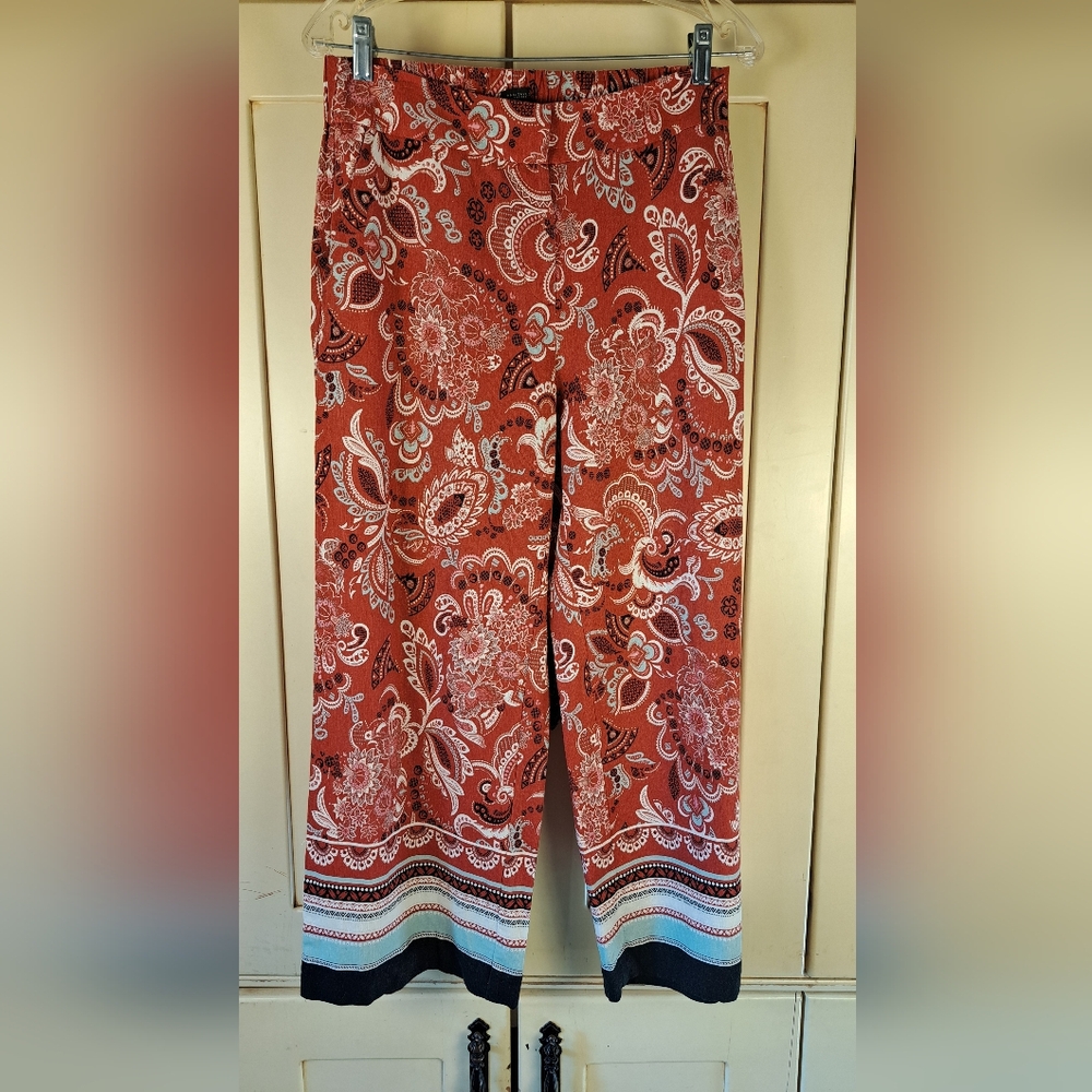 Ann Taylor Factory Linen Blend Wide Leg Brick Red Print Pants Sz 6